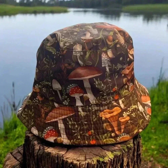 Hand Crafted Accessories - Mushroom Print Bucket Hat - Brown Multi